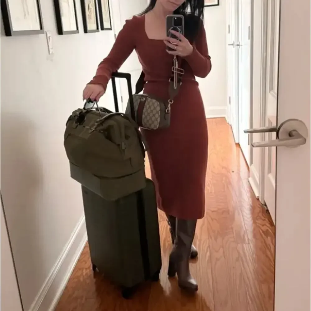 Toccin Rust Brown Midi Ribbed Knit Dress SMALL Career Bodycon Work Designer $325 - Picture 5 of 14